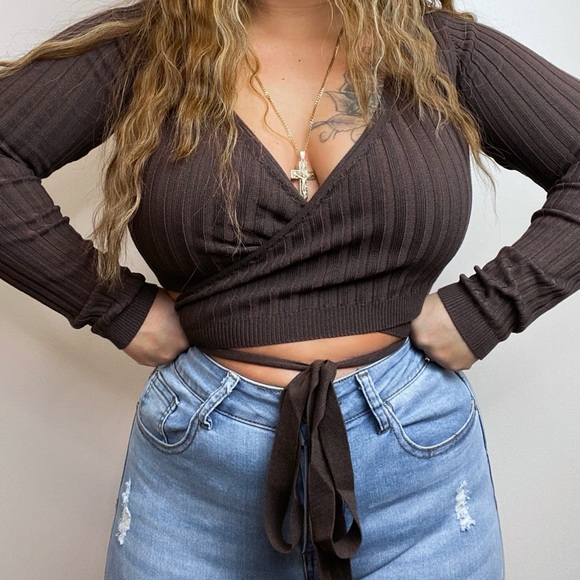 Tops - ‼️ Chocolate Brown Wrap Around Sweater Crop Top